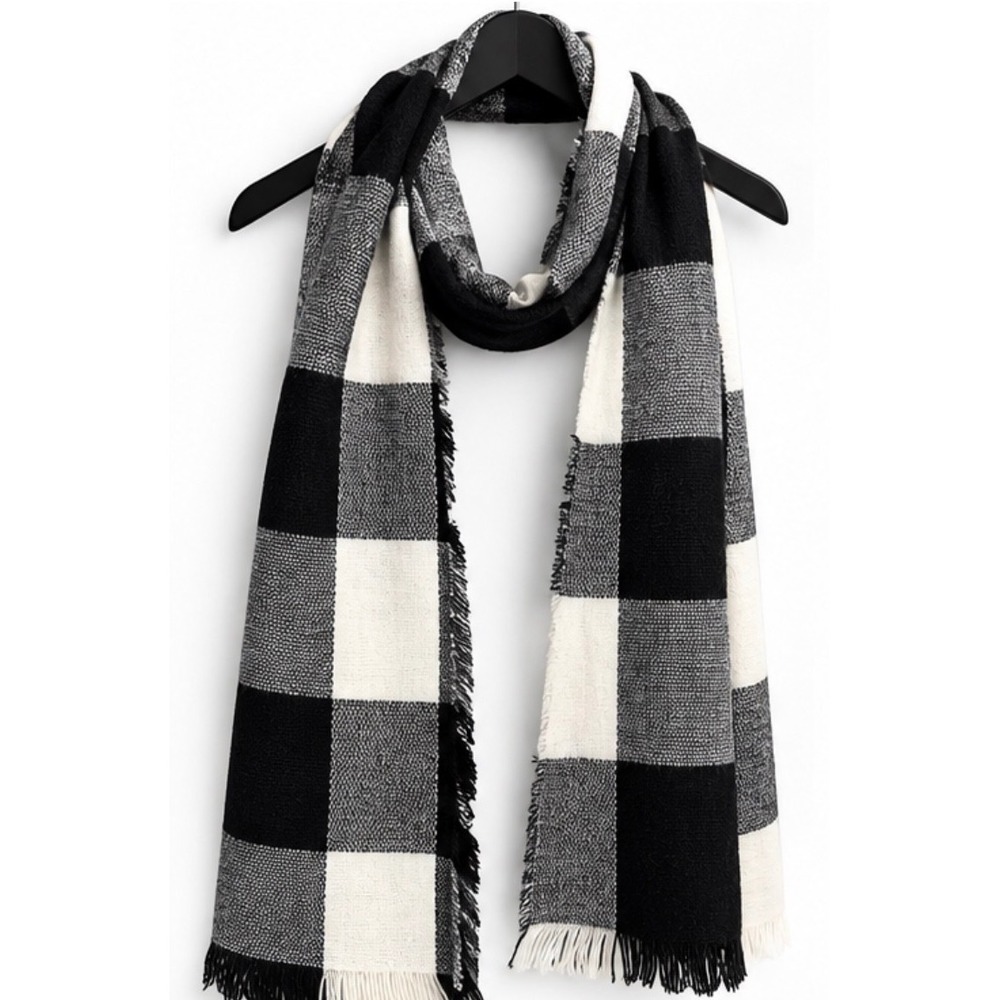 Black White Buffalo Plaid Blanket Scarf Oversized Checkered Fringe Wrap OSFM